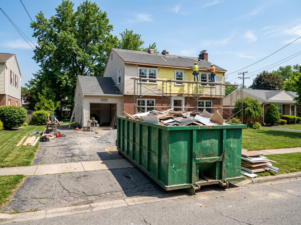 20-yard roll-off dumpster at a residential renovation site