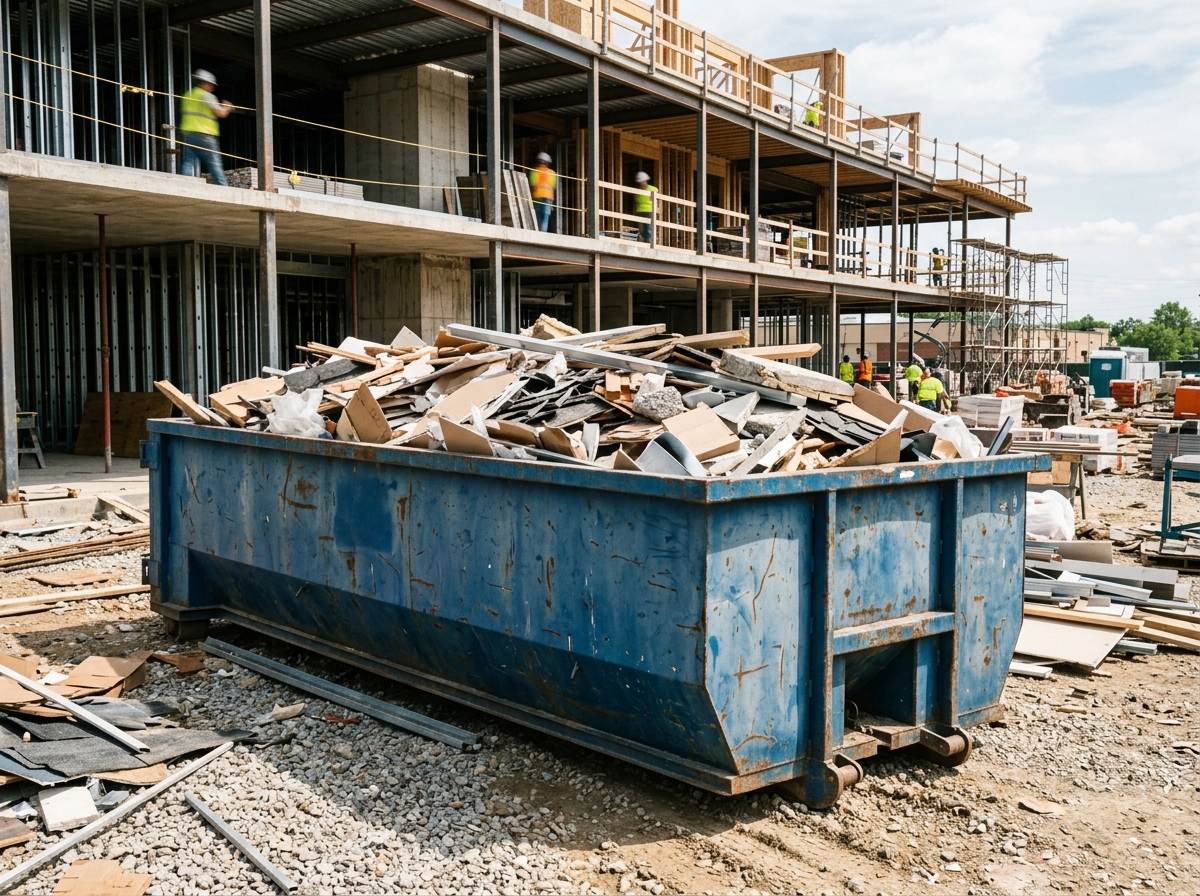 Roll-off dumpster with commercial construction waste at a job site